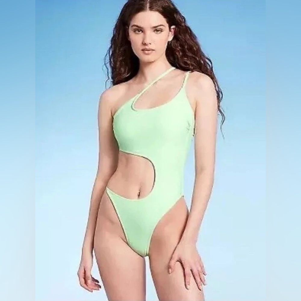 Women's One Shoulder Cut Out One Piece Swimsuit - Wild Fable Light Green Size XS